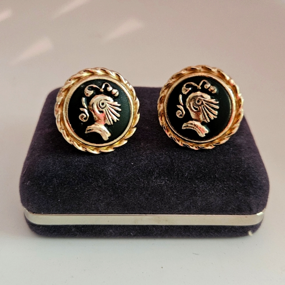 Gold and Black Warrior Helmet Cuff Links with Twisted Border